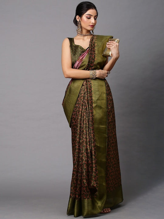 Pure linen saree Green Colour Festival Wear