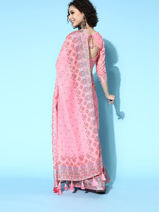 Pure linen saree Pink Colour Festival Wear