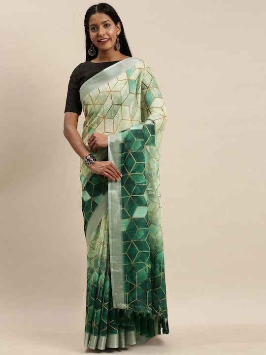 Green Color Printed Linen Saree, Party wear