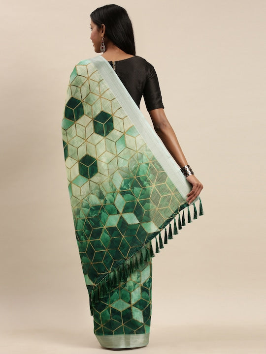 Green Color Printed Linen Saree, Party wear