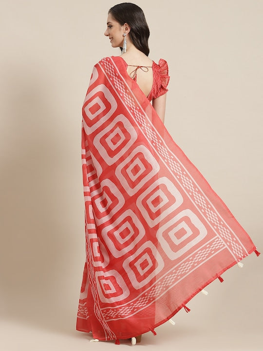 Red Color Printed Linen Saree, Party wear