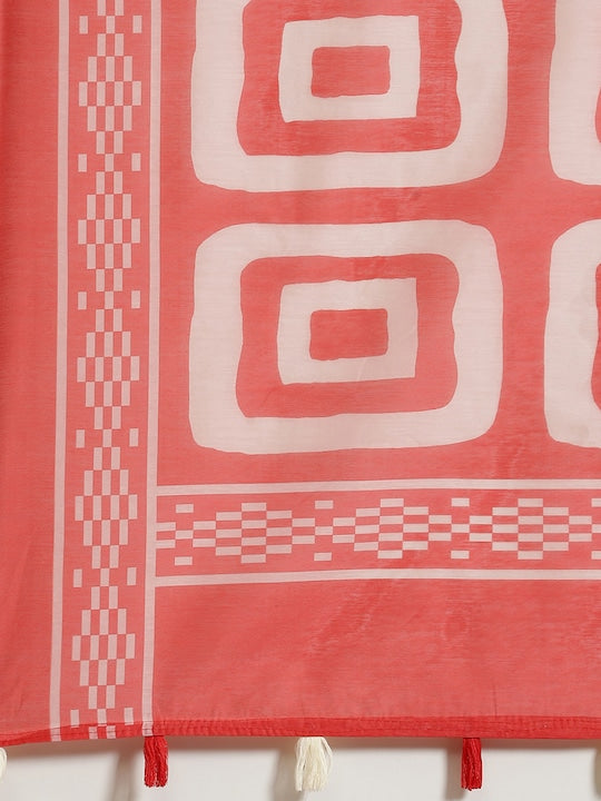 Red Color Printed Linen Saree, Party wear