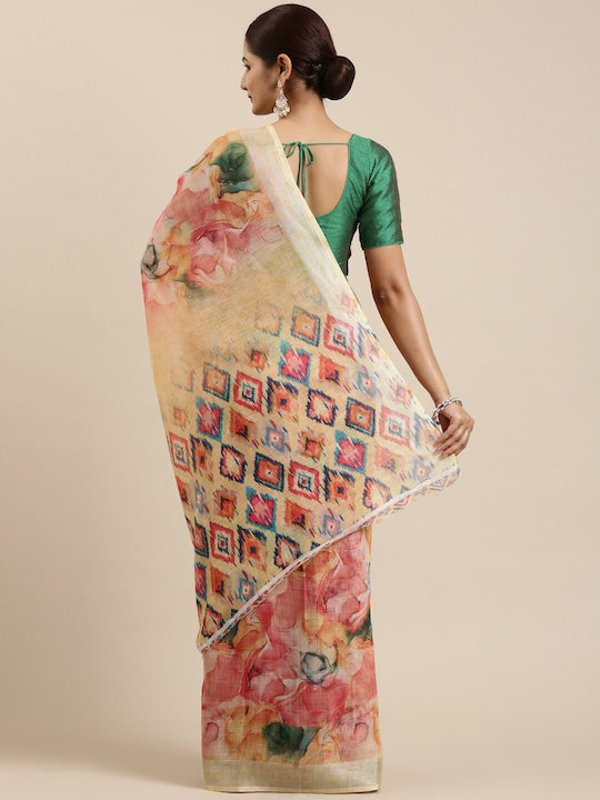 Light Pink And Yellow Color Printed Linen Saree, Party wear