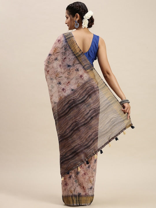 Light Rosy Brown Color Printed Linen Saree, Party wear