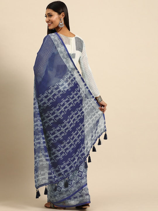 Blue Color Printed Linen Saree, Party wear