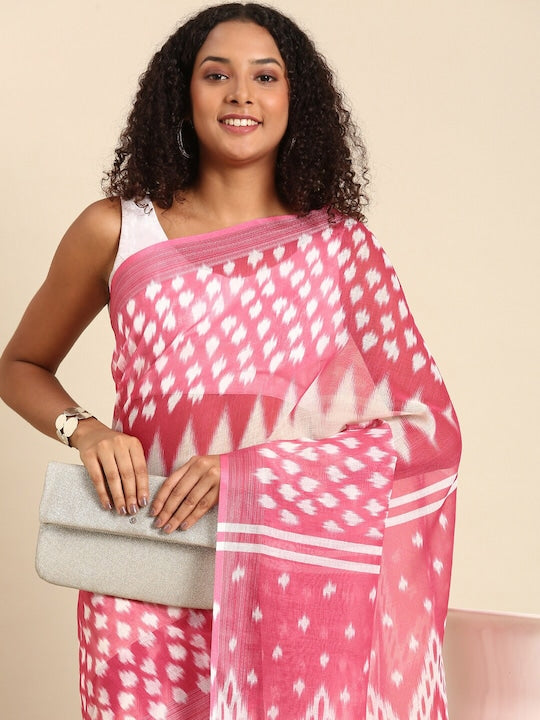 Pink And White Color Printed Linen Saree, Party wear