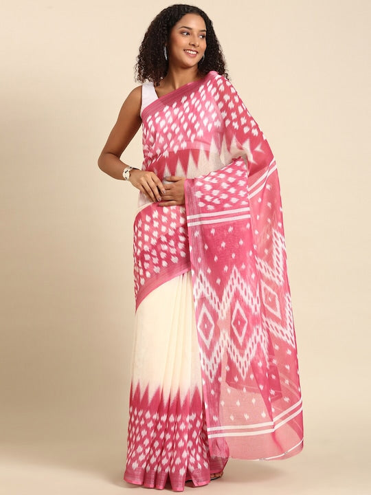 Pink And White Color Printed Linen Saree, Party wear