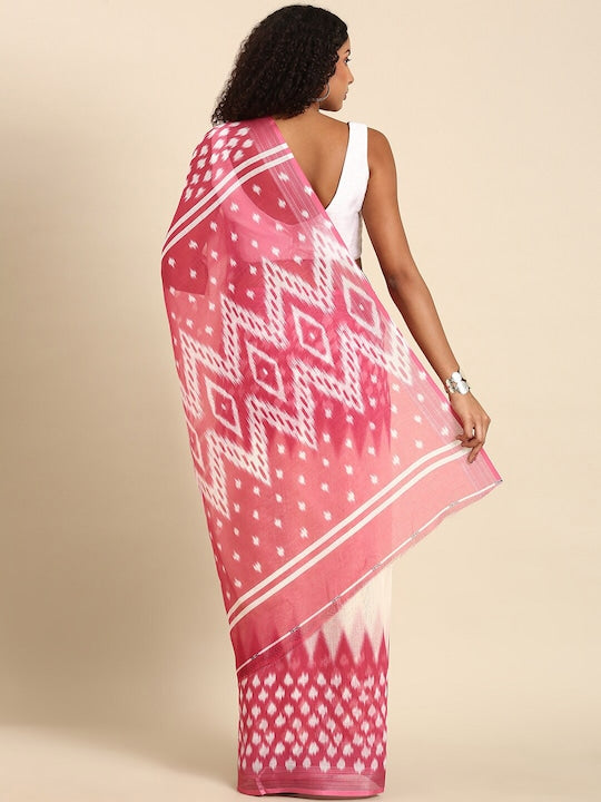 Pink And White Color Printed Linen Saree, Party wear