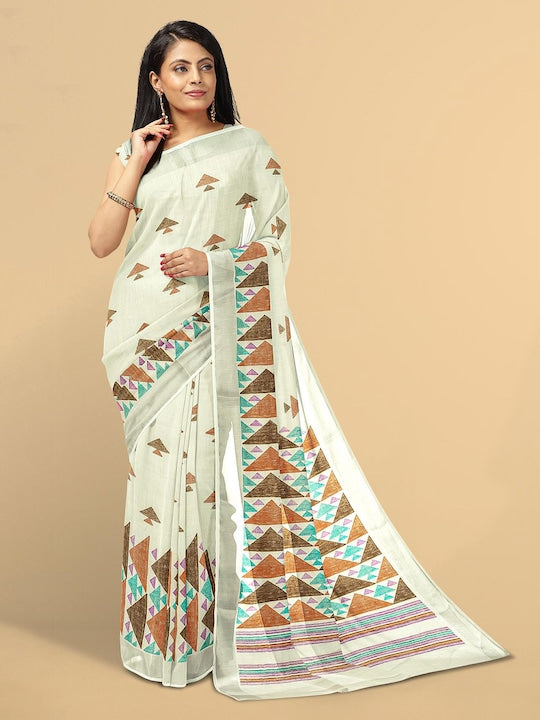 Sophisticated Off White colored Linen Designer Printed Saree