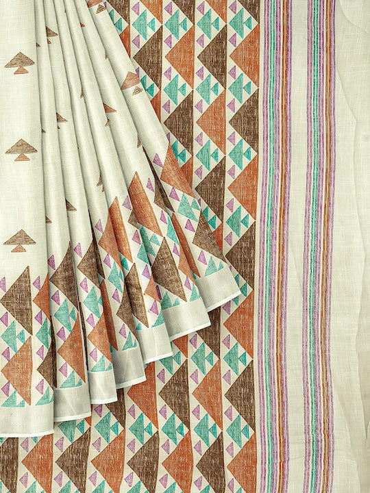 Sophisticated Off White colored Linen Designer Printed Saree