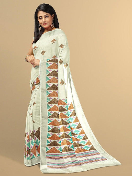 Sophisticated Off White colored Linen Designer Printed Saree