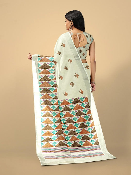 Sophisticated Off White colored Linen Designer Printed Saree