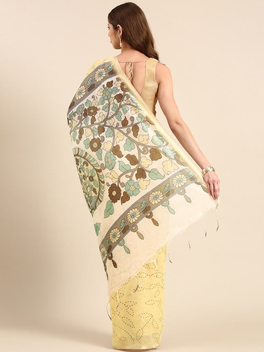 Elegant Light Yellow Colored Casual Printed-Woven Linen Saree