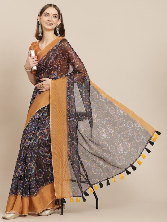 Beautiful Black Festive Wear Floral Printed Linen Saree With Border