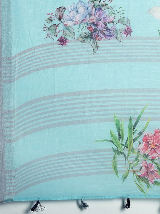 Majesty Sky Blue Colored Casual Wear Fancy Printed Linen Saree