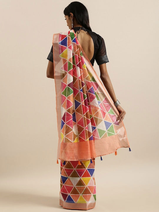 Innovative Multi Colored Casual Printed Fancy Linen Saree