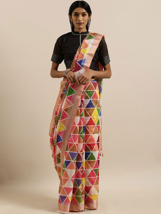 Innovative Multi Colored Casual Printed Fancy Linen Saree