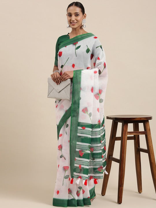 Alluring White - Green Colored Casual Wear Fancy Printed Linen Saree