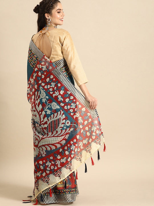 Pure Linen Saree Multi Color Festival Wear