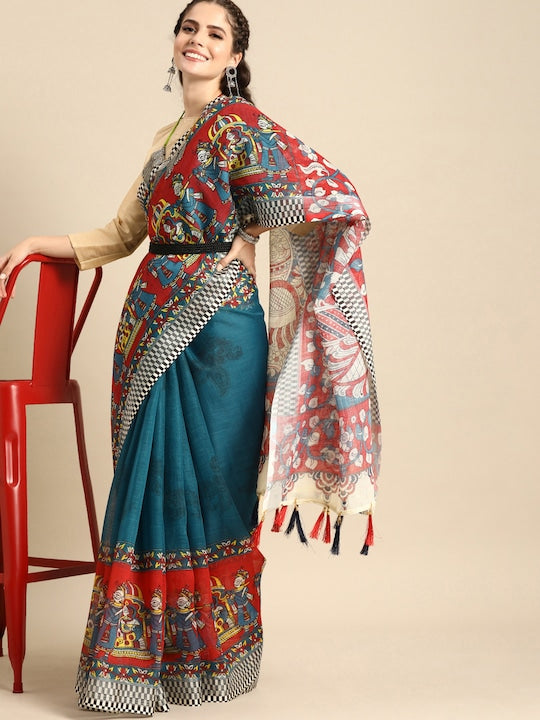 Pure Linen Saree Multi Color Festival Wear