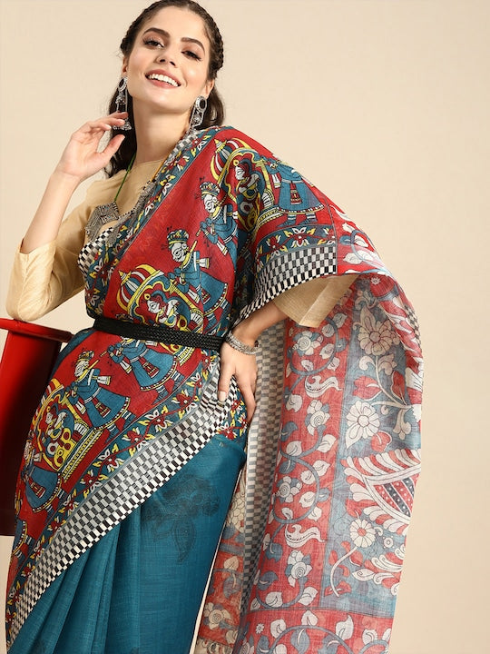 Pure Linen Saree Multi Color Festival Wear