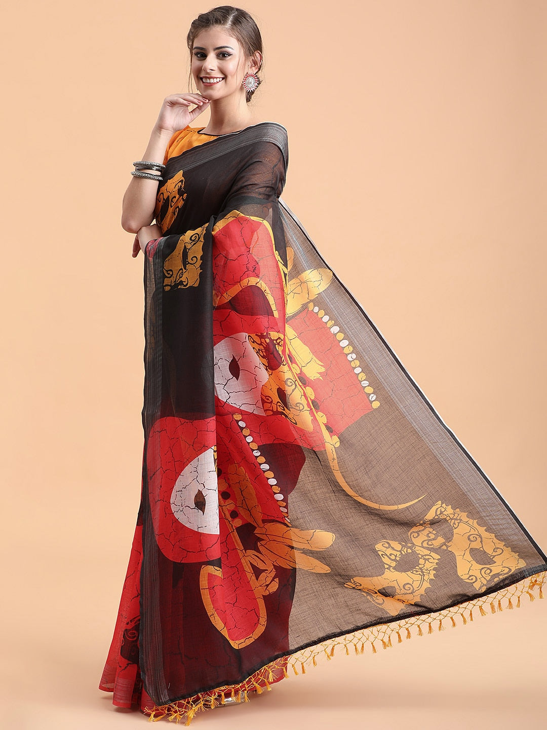 Black Casual Linen Printed Saree With Unstitched Blouse