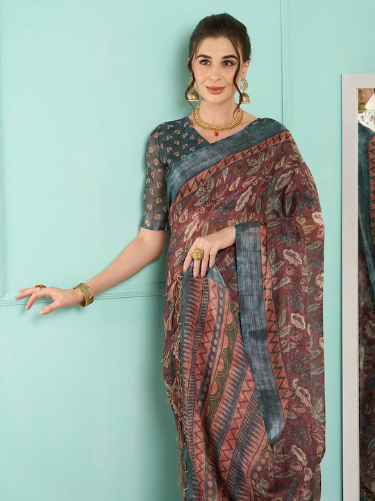 Brown Color Festive Wear Printed Pure Linen Saree