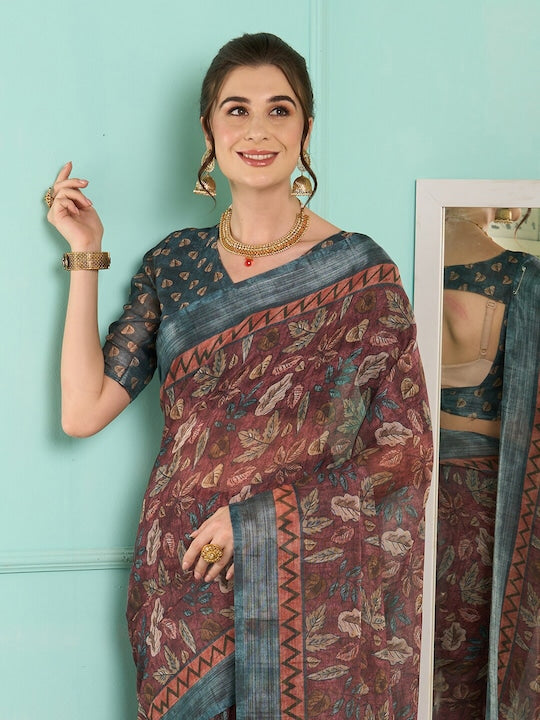 Brown Color Festive Wear Printed Pure Linen Saree