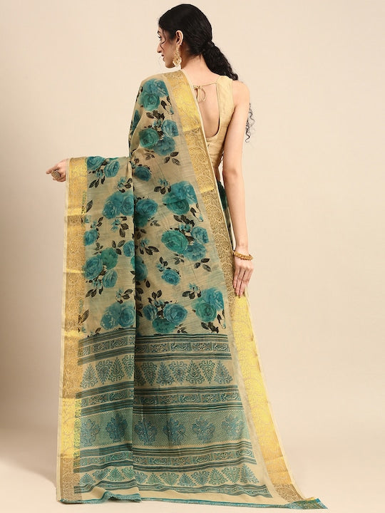 Green And Cream Color Casual Wear Printed Pure Linen Saree