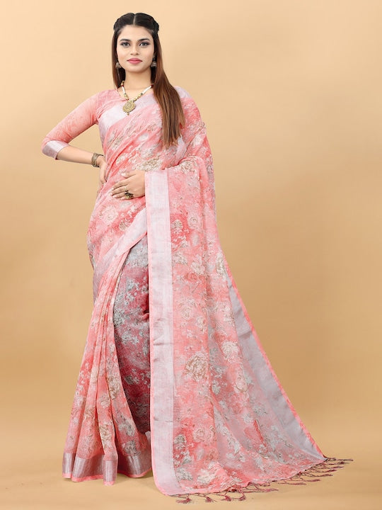 Light Pink Color Casual Wear Printed Pure Linen Saree
