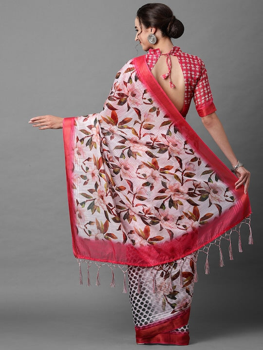 Ruby Pink And White Color Casual Wear Printed Pure Linen Saree