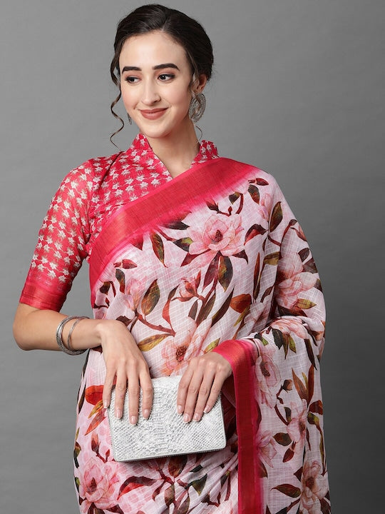 Ruby Pink And White Color Casual Wear Printed Pure Linen Saree
