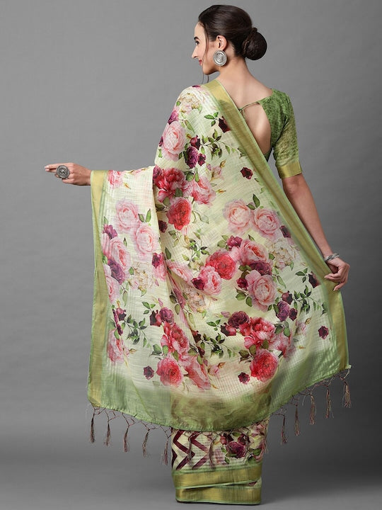 Green Color Casual Wear Printed Pure Linen Saree