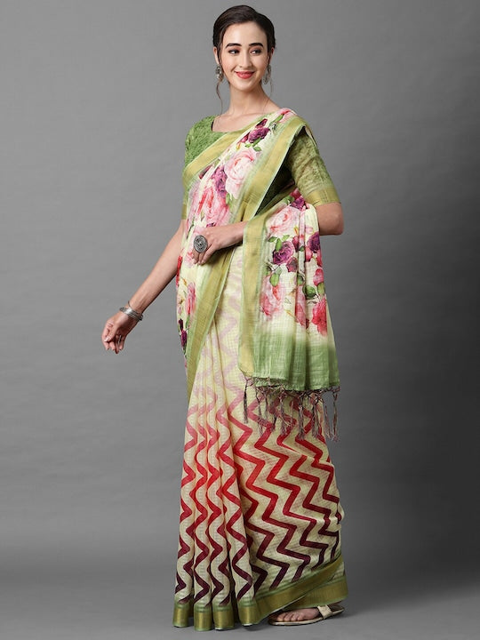 Green Color Casual Wear Printed Pure Linen Saree