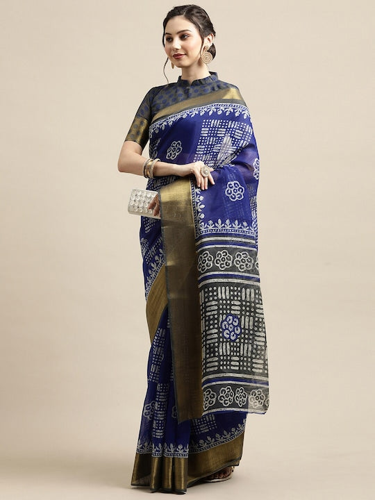 Blue Color Casual Wear Printed Pure Linen Saree