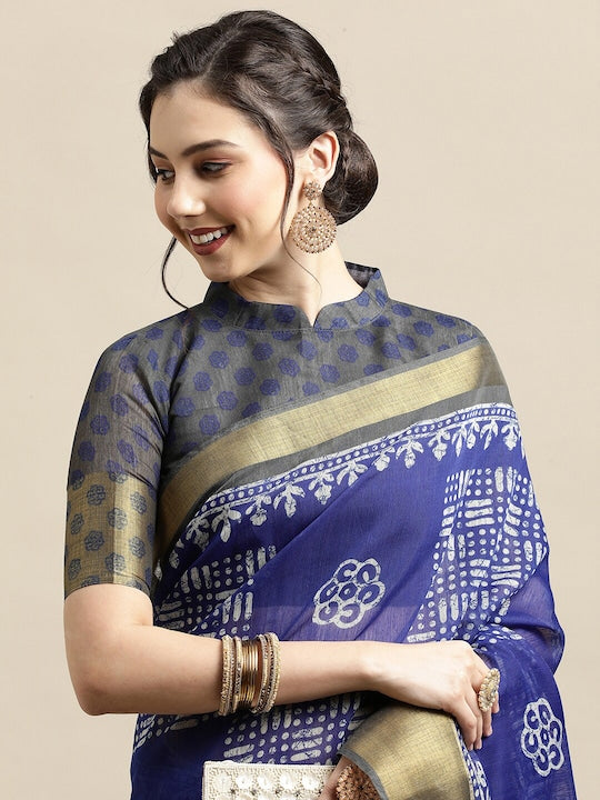 Blue Color Casual Wear Printed Pure Linen Saree