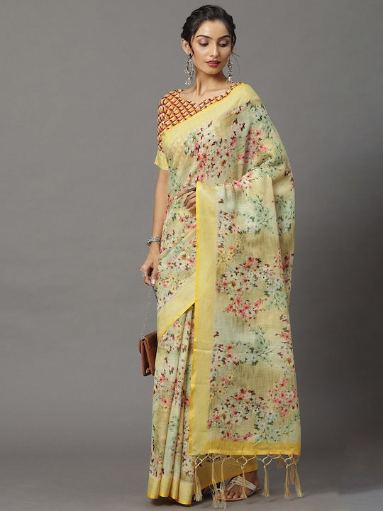 Light Yellow Color wedding Wear Printed Pure Linen Saree