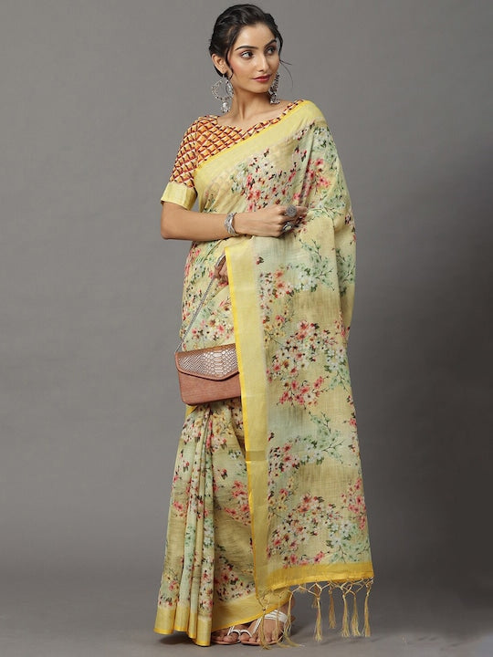 Light Yellow Color wedding Wear Printed Pure Linen Saree