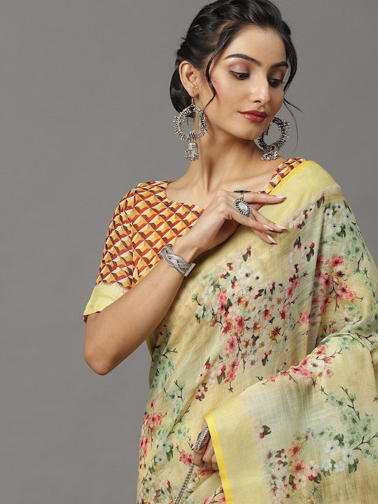 Light Yellow Color wedding Wear Printed Pure Linen Saree