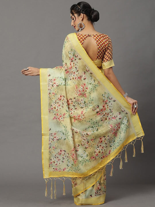 Light Yellow Color wedding Wear Printed Pure Linen Saree