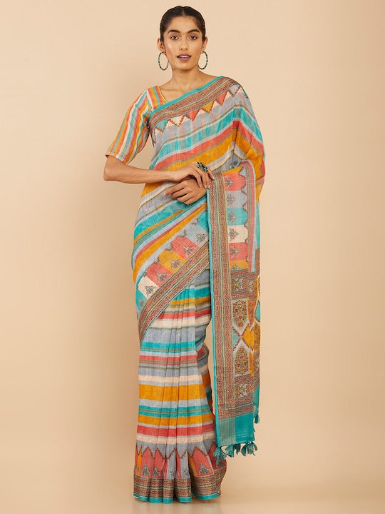 Pure Linen Saree Multi Color Festival Wear