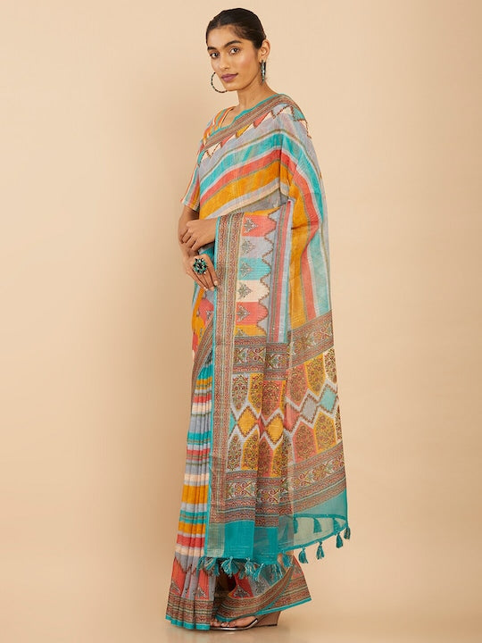 Pure Linen Saree Multi Color Festival Wear