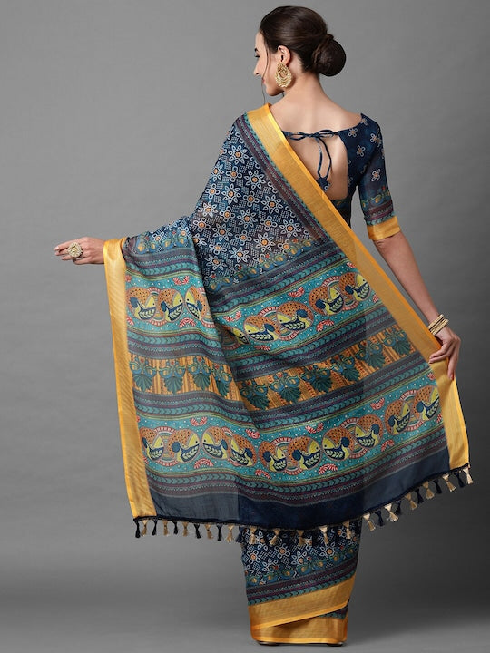 Night Blue Color Casual Wear Printed Pure Linen Saree