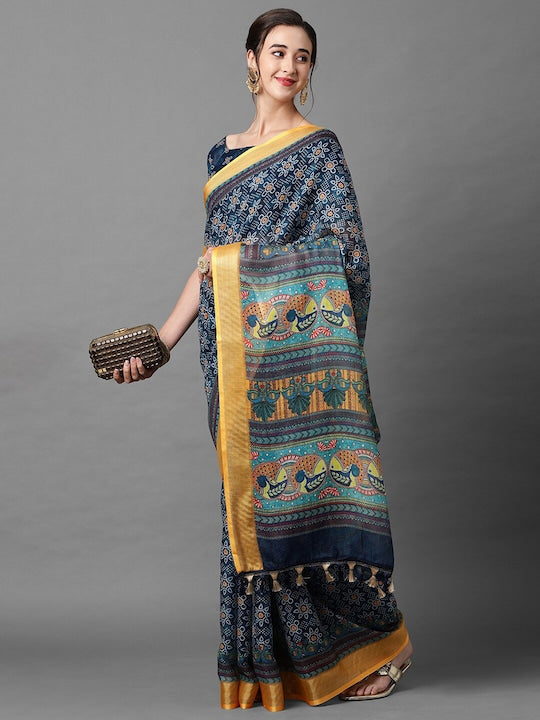 Night Blue Color Casual Wear Printed Pure Linen Saree