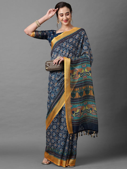 Night Blue Color Casual Wear Printed Pure Linen Saree