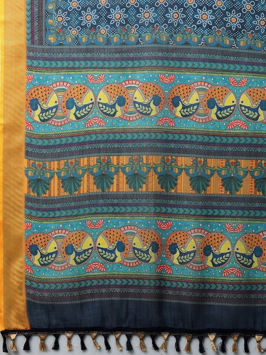 Blue And Black Color Woven Linen Saree , Party wear