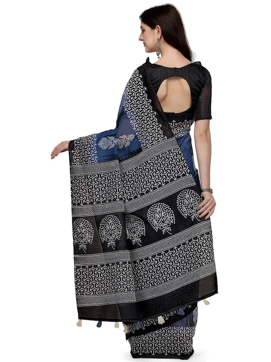 Blue And Black Color Woven Linen Saree , Party wear