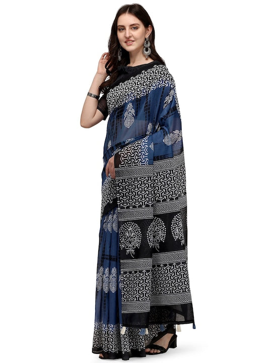 Blue And Black Color Woven Linen Saree , Party wear