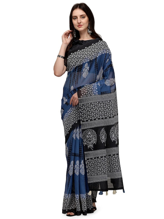 Blue And Black Color Woven Linen Saree , Party wear