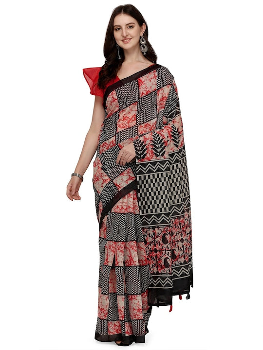 Red And Black Color Woven Linen Saree , Party wear